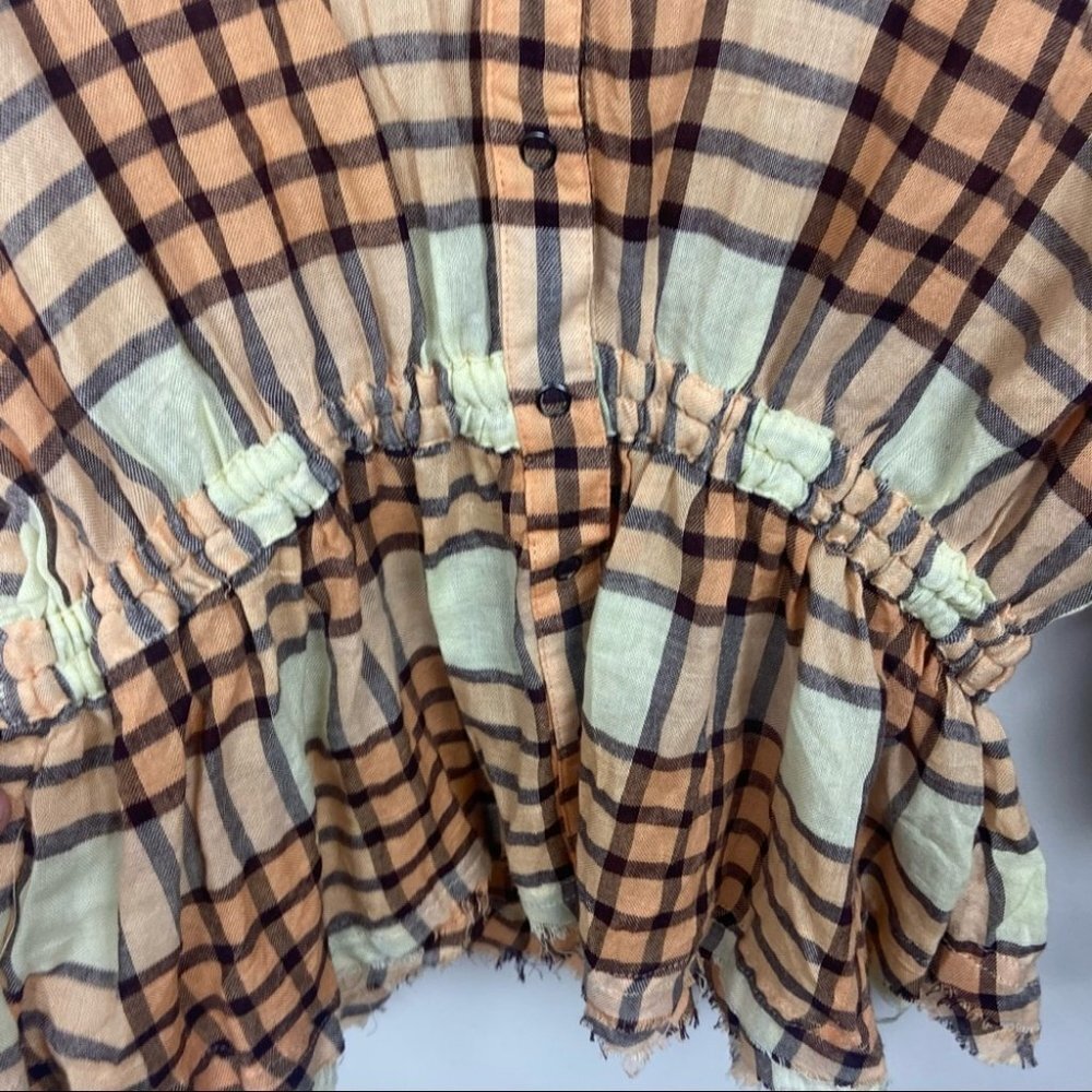 Free People Pacific Dawn Plaid Shirt Drawstring Size Small Brown Boho Top Button - Picture 6 of 11